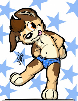 anthro biped black_nose blep blue_clothing blue_underwear blush boxer_briefs brown_body brown_ears brown_fur brown_hair bulge cheek_tuft chest_tuft clothed clothing digitigrade facial_tuft floppy_ears fur grey_inner_ear hair inner_ear_fluff looking_aside male one_eye_closed one_leg_up orange_eyes partially_clothed raised_leg simple_background solo star tan_body tan_fur tongue tongue_out tuft underwear white_body white_fur wink young young_anthro gaokun canid canine canis domestic_dog mammal 2015 watermark