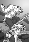 abs anthro biceps bottomwear bulge butt chaps claws clothed clothing duo fangs fur grin loincloth male markings muscular open_mouth pants pecs pose sabertooth_(anatomy) smile spots tail teeth tongue topless tusks underwear whiskers gweek felid mammal prehistoric_species saber-toothed_tiger monochrome