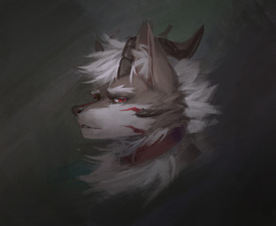 anthro black_horn brown_body brown_fur cheek_tuft collar eyebrows facial_tuft fur horn male narrowed_eyes neck_tuft red_collar red_eyes side_view simple_background solo tuft unsigned white_body white_eyebrows white_fur awaldkize canid mammal headshot_portrait hi_res portrait