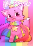 ambiguous_gender anthro blush cape clothing crown flag flag_(object) flag_cape fur headgear lgbt_pride looking_at_viewer male multicolored_clothing pink_body pink_eyes pink_fur positive_message pride_color_background pride_color_cape pride_color_clothing pride_color_flag pride_colors rainbow_clothing rainbow_flag rainbow_pride_colors rainbow_pride_flag rainbow_symbol simple_background six-stripe_rainbow_pride_colors smile solo star text wearing_flag kawa_(artist) lgbt_pride_month pinkfong_wonderstar pinkfong_(character) canid canine fox mammal absurd_res english_text hi_res