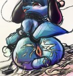 anthro anus backsack balls bdsm big_butt blue_body blue_fur blush bodily_fluids bone butt canid canine chain collar colored_sketch cum cum_on_butt cum_on_ground fur gaping gaping_anus generation_4_pokemon genital_fluids genitals hi_res holding_object looking_at_viewer looking_back looking_down looking_pleasured male mammal nintendo pokemon pokemon_(species) red_eyes riolu simple_background sitting sketch solo tito-tonton tongue tongue_out