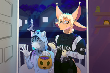4_ears anthro candy clothing cosplay costume dessert duo first_person_view food glowing glowing_tongue gun holidays male male/male multi_ear pumpkin_bucket ranged_weapon tongue trick-or-treating weapon young bdasto halloween nintendo pokemon eeveelution generation_4_pokemon glaceon pokemon_(species) 3:2 hi_res
