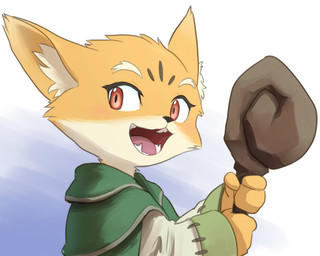anthro clothed clothing fangs fur inner_ear_fluff male multicolored_body multicolored_fur open_mouth orange_body orange_fur red_eyes solo staff teeth tongue tuft ryu_masakaze mika's_magic_market canid mammal 5:4 character_request low_res