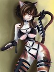 anthro bdsm bondage bound cuff_(restraint) female fluffy hair hair_over_eye marsi one_eye_obstructed restraints smile solo suggestive_clothing suggestive_look suggestive_pose suggestive_topwear malish calico_cat domestic_cat felid feline felis humanoid mammal hi_res