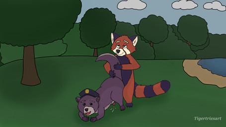 3_toes 4_fingers anal anal_penetration anthro blue_eyes blue_sky bodily_fluids claws clothing cum cum_on_ground cum_while_penetrated duo feet feral fingers forest forest_background from_behind_position genital_fluids genitals green_eyes hat headgear headwear holding_tail male male/male markings nature nature_background penetration penis plant sex sky striped_markings striped_tail stripes tail tail_markings tapering_penis toes tree water tigertriesart the_forest_of_love maverick_clamshucker rascal_redtail ailurid mammal mustelid otter red_panda 16:9 hi_res widescreen