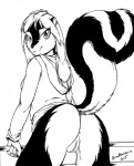 anthro anus bottomless bottomless_anthro bottomless_female butt clitoris clothed clothing female genitals hoodie looking_at_viewer looking_back markings presenting pussy raised_tail simple_background solo striped_markings striped_tail stripes tail tail_markings topwear white_background brian_mcpherson vicki_(brian_mcpherson) mammal mephitid skunk 2015 monochrome