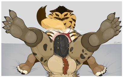anal anal_penetration anthro ball big_penis brown_body brown_fur clothing duo fur genital_piercing genitals lube male male/male panties paws penetration penis penis_piercing piercing size_difference underwear yellow_body yellow_fur flomarcy darius_(sundered) canid canine hyena mammal hi_res