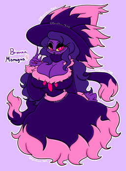 anthro big_breasts breasts clothed clothing dress eyewear female glasses hair hat headgear headwear purple_background purple_body purple_hair red_eyes simple_background solo lewdchuu nintendo pokemon brianna_(lewdchuu) generation_4_pokemon ghost mismagius pokemon_(species) spirit hi_res