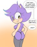 anthro big_butt blush butt clothing dialogue female fur looking_back nipples purple_body purple_fur purple_nipples simple_background solo standing text thong tight_clothing underwear yellow_eyes fourssss sega sonic_legacy sonic_the_hedgehog_(series) aleena_hedgehog fan_character eulipotyphlan hedgehog mammal english_text hi_res