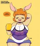 anthro belly big_breasts blush bottomwear breasts buckteeth chemise cleavage clothed clothing container cup dialogue eyes_closed female hair hand_behind_head holding_container holding_cup holding_object hotpants open_mouth open_smile orange_hair pink_nose shirt short_hair shorts simple_background smile solo spaghetti_strap speech_bubble talking_to_viewer tank_top teeth text topwear wide_hips joaoppereiraus laura_(joaoppereiraus) lagomorph leporid mammal rabbit 2020 digital_media_(artwork) english_text hi_res signature url