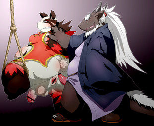 anal anthro anthro_on_anthro asian_clothing backsack balls beard big_balls big_butt big_penis blush bound butt chinese_clothing clothing dominant dominant_male duo east_asian_clothing erection facial_hair frown genitals hair humanoid_genitalia humanoid_penis imminent_anal imminent_sex long_hair male male/male overweight penis scowl simple_background slightly_chubby smile smirk submissive submissive_male chiro_(artist) fanfan bear giant_panda mammal character_request hi_res