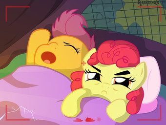 camping duo female feral grumpy hair messy_hair open_mouth purple_hair tent waking_up yawn young young_feral rainihorn friendship_is_magic hasbro my_little_pony apple_bloom_(mlp) scootaloo_(mlp) earth_pony equid equine horse mammal pony 2015 absurd_res hi_res