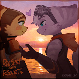anthro blue_eyes clothing duo eyebrows eyelashes eyewear eyewear_on_head female fur gloves goggles goggles_on_head green_eyes handwear headgear headwear heart_symbol male scarf seaside striped_body striped_fur stripes sunset white_body white_fur yellow_body yellow_fur comifur ratchet_and_clank sony_corporation sony_interactive_entertainment ratchet_(ratchet_and_clank) rivet_(ratchet_and_clank) lombax mammal 1:1 2025 hi_res