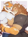 anthro barazoku cuddling duo eyes_closed happy heart_symbol hug male male/male muscular simple_background white_background giraffe_(artist) lam-chan lion-san felid lion mammal pantherine tiger hi_res