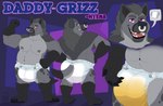 absurd_res anthro belly big_belly big_butt bodily_fluids bottlebear butt clothed clothing confidence confident diaper diaper_fetish diaper_only diapered_dominant facial_piercing fur genital_fluids grey_body grey_fur grizz_(diapered_dad) hi_res hyena incontinence male mammal model_sheet muscular muscular_anthro muscular_male navel nipple_piercing nipples nose_piercing nose_ring open_mouth overweight overweight_anthro overweight_male piercing ring_piercing simple_background slightly_chubby soggy_diaper solo standing tail teeth text tongue topless urine watersports wearing_diaper wet_diaper wetting