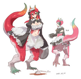 biped bipedal_taur black_clothing breasts cleavage clothed clothed_female clothed_taur clothing container cup duo featureless_crotch female front_and_back maid_headdress maid_uniform midriff simple_background spilled_drink tail tea_cup uniform white_background 359_zako mythology dragon dragon_taur mythological_creature mythological_scalie scalie taur 2024 absurd_res dated hi_res