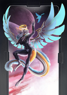 4_toes 5_fingers anthro big_ears black_clothing black_skinsuit breasts claws clothed clothing cosmic_background detailed_background digitigrade duo ear_tuft feet female feral finger_claws fingers fur green_eyes hair halo hologram humanoid_hands long_hair long_tail mechanical_wings planet skinsuit smile solo_focus space space_background tail tail_mane tight_clothing toe_claws toes tuft white_body white_fur white_hair silgiriya_mantsugosi mythology avian bird digital_creature dragon furred_dragon furred_scalie mythological_creature mythological_scalie scalie 2021 absurd_res digital_drawing_(artwork) digital_media_(artwork) hi_res