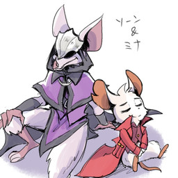anthro bat_nose big_ears clothed clothing duo female fully_clothed fur helmet_over_eyes larger_male male notched_ear purple_clothing red_clothing shadowed_eyes sitting size_difference smaller_female smile white_body white_fur tyfna2731 mina_the_hollower yacht_club_games mina_(mina_the_hollower) thorne_(mina_the_hollower) bat mammal mouse murid murine rodent