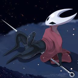 anthro balls big_penis black_body clothed clothing crossgender erection ftm_crossgender genitals glans humanoid_genitalia male melee_weapon nature night penis solo weapon white_head korzakov hollow_knight_(franchise) team_cherry hornet_(hollow_knight) arthropod insect 1:1 2025