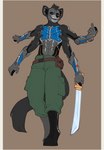 4_arms 5_fingers anthro border clothed clothing fingers holding_melee_weapon holding_object holding_sword holding_weapon machine male melee_weapon multi_arm multi_limb smile solo sword topless weapon yellow_border faint android mammal robot unknown_species 2022 digital_media_(artwork)