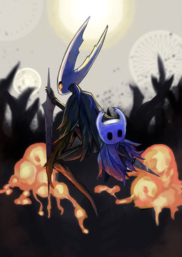 2_horns ambiguous_gender biped black_eyes cloak clothed clothing duo empty_eyes fingers holding_melee_weapon holding_object holding_weapon horn melee_weapon solo weapon ryun_s_zand hollow_knight_(franchise) team_cherry hollow_knight_(character) the_knight_(hollow_knight) arthropod infected_(species) vessel_(species) hi_res sibling_(lore)