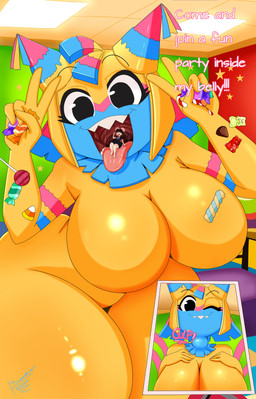 5_fingers anthro anthro_prey big_breasts black_eyes bodily_fluids breasts candy clothed clothed_anthro clothed_male clothed_prey clothing dessert double_v_sign duo female female_humanoid female_pred fingers food fully_clothed fully_clothed_anthro fully_clothed_male gesture glistening glistening_breasts glistening_thighs hand_gesture happy humanoid_on_anthro humanoid_pred larger_female larger_humanoid larger_pred macro male male/female male_anthro male_prey micro mouth_shot neck_bulge nude nude_female nude_humanoid nude_pred on_tongue one_eye_closed open_mouth palate pinata saliva saliva_string sharp_teeth size_difference smaller_anthro smaller_male swallowing teeth text thick_thighs tongue tongue_out uvula v_sign vore willing_prey bochisu blushcrunch_studio dandy's_world rod_(imrodrodent) yatta_(dandy's_world) animate_inanimate humanoid living_pinata mammal murid murine rat rodent absurd_res english_text hi_res