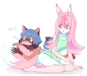 5_fingers 5_toes anthro barefoot black_hair black_nose blue_hair claws clothed clothing dipstick_ears dipstick_tail duo ear_markings feet female female/female female_anthro fingers fluffy fluffy_tail fur gloves_(marking) green_eyes hair kemono leg_markings long_hair markings multicolored_body multicolored_ears multicolored_fur multicolored_hair multicolored_tail open_mouth pink_eyes pink_hair shirt short_hair simple_background socks_(marking) tail tail_hug tail_markings tank_top text toe_claws toes topwear white_background h0y0n brand_new_animal studio_trigger michiru_kagemori nazuna_hiwatashi canid canine fox mammal raccoon_dog tanuki 2020 digital_media_(artwork) japanese_text translated