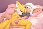 anthro bed breasts butt cuddling duo female furniture hand_on_butt hand_on_head head_on_chest legs_together male male/female nude pillow krazyelf sega sonic_the_hedgehog_(series) miles_prower rouge_the_bat bat canid canine fox mammal hi_res