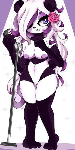 3_toes 5_fingers anthro areola big_breasts blue_eyes breasts claws clothed clothing curvy_figure electronics feet female fingers flower fur genitals hair legwear microphone multicolored_hair nipples open_mouth plant purple_hair simple_background smile solo stage stockings teeth thick_thighs thigh_highs toe_claws toes voluptuous vulva white_background white_body white_fur wide_hips narwhal69 coco_rossy bear giant_panda mammal 2017 absurd_res digital_media_(artwork) hi_res