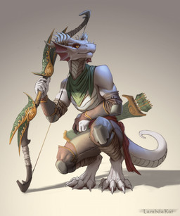 anthro arrow_(weapon) bottomwear bow_(weapon) clothing crouching digitigrade horn looking_up male pants quiver_(object) ranged_weapon simple_background solo tail weapon lambdakat mythology dragon mythological_creature mythological_scalie scalie 2023 digital_media_(artwork) hi_res