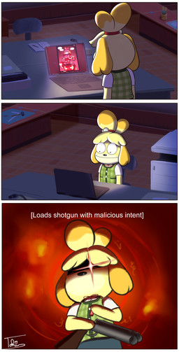 anthro computer electronics female funny_face gun humor intersex laptop ranged_weapon shotgun solo text weapon tohilewd animal_crossing doom_(series) id_software microsoft nintendo isabelle_(animal_crossing) canid canine canis domestic_dog mammal absurd_res comic e621_post_recursion english_text hi_res meme