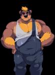 anthro arm_hair barazoku belly biceps big_muscles biped black_hair black_nose body_hair brown_body brown_fur bulge chest_hair clothed clothing eyes_closed fur hair male manly multicolored_hair musclegut muscular muscular_anthro muscular_male nipples orange_body orange_fur orange_hair overalls overweight overweight_anthro overweight_male pecs shirt shoulder_hair simple_background solo standing suspenders tan_body tan_fur tank_top topwear transparent_background two_tone_hair cursedmarked extracurricular_activities harold_grifter bear mammal alpha_channel low_res