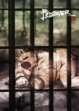 black_nose blush bound brown_body chain chained detailed_background humanoid_hands kemono male overweight overweight_male prison scar solo hikoero777 lifewonders tokyo_afterschool_summoners yasuyori_(tas) canid canine canis domestic_dog mammal 2022