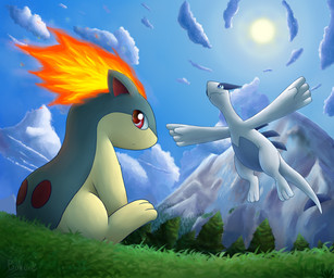3_toes ambiguous_gender biped blue_body blue_eyes blue_fur cloud detailed_background duo ears_back feet feral fire flying frown fur grass looking_back low-angle_view mountain outside pivoted_ears plant quadruped red_eyes sitting sky sun tail tan_body tan_fur toes tree water waterfall white_body wings bokurei nintendo pokemon generation_2_pokemon legendary_pokemon lugia mammal pokemon_(species) quilava digital_media_(artwork) hi_res signature