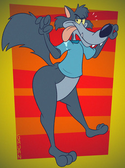 3_toes 4_fingers abstract_background anthro arched_back arm_tuft barefoot belly big_butt big_tail biped black_eyes black_nose blue_clothing blue_shirt blue_t-shirt blue_topwear bodily_fluids bottom_heavy bottomless bottomless_anthro bottomless_male bubble_butt butt cheek_tuft clothed clothing curvy_figure drooling drooling_tongue elbow_tuft facial_tuft fangs feet fingers fluffy fluffy_tail fur furrowed_eyebrows glance grey_belly grey_body grey_fur half-closed_eyes head_tuft humanoid_feet humanoid_hands humanoid_heel lines_drawn looking_aside looking_aside_at_viewer looking_at_viewer male mascot multicolored_body multicolored_fur narrowed_eyes pattern_background paws pear-shaped_figure plantigrade pose raised_tail saliva saliva_string shirt shirt_only simple_background snaggle_tooth solo standing striped_background t-shirt t-shirt_only tail teeth toes tongue tongue_out toony topwear topwear_only tuft two_tone_body two_tone_fur wide_hips yellow_sclera gavanzude teletoon wolf_and_gopher wolf_(wolf_and_gopher) canid canine canis mammal wolf 2024 alternate_version_at_paywall colored digital_drawing_(artwork) digital_media_(artwork) flat_colors hi_res pinup signature
