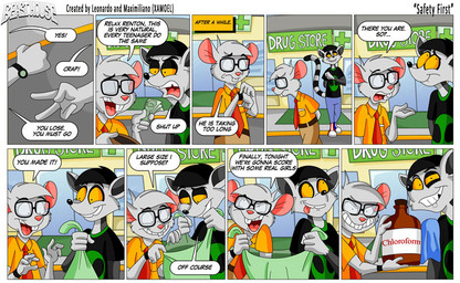 accessory alien_symbol_(symbol) anthro bag black_hair bowl_cut chloroform clock clothed clothed_anthro clothing dark_humor detailed_background dialogue duo eyewear fur glass_bottle glasses grey_body grey_fur hair humor male money necktie pharmacy rag rape_face text watch yellow_eyes xamoel beast_house emmett_(xamoel) renton_(xamoel) lemur mammal mouse murid murine primate ring-tailed_lemur rodent strepsirrhine comic english_text