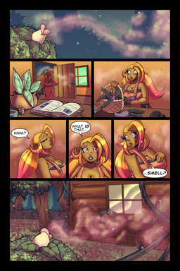 book cabin dialogue female gardening_gloves hair multicolored_hair pink_eyes plant plant_pot scent scent_play slightly_chubby solo text tree twintails_(hairstyle) two_tone_hair axelspike acelyn_(axelspike) solis_ros_(axelspike) elemental_creature elf flora_fauna humanoid 2:3 comic english_text nonbinary_(lore)