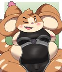 anthro balls_outline belly blush brown_body brown_fur bulge clothing detailed_bulge fur genital_outline male moobs nipples one_eye_closed overweight solo tabard wide_hips wink kusosensei atlyss chang_(atlyss) mammal mouse murid murine rodent hi_res