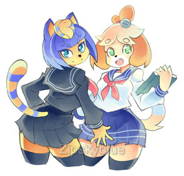 anthro asian_clothing black_serafuku blonde_hair blue_eyes bottomwear breasts buckteeth clothed clothing dipstick_tail duo east_asian_clothing female fur green_eyes hair hair_bun happy holding_object japanese_clothing japanese_school_uniform legwear looking_at_viewer markings open_mouth open_smile school_uniform serafuku short_hair simple_background skirt smile smiling_at_viewer standing striped_markings striped_tail stripes tail tail_markings teeth text thigh_highs uniform uraeus white_background yellow_body yellow_fur zipskyblue animal_crossing nintendo ankha_(animal_crossing) isabelle_(animal_crossing) canid canine felid feline mammal 2022 artist_name digital_media_(artwork) hi_res watermark
