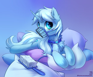 blue_body blue_eyes blue_fur brush chest_tuft collar cutie_mark feral fur gradient_background horn leash looking_at_viewer lying male mane muzzle_(object) muzzled on_front pillow simple_background solo tail text tuft white_mane white_tail wire_basket_muzzle jedayskayvoker hasbro my_little_pony mythology crystal_tundra fan_character equid equine mammal mythological_creature mythological_equine unicorn 2020 english_text hi_res signature url