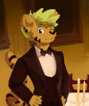 anthro black_tie_(suit) bow_tie clothing dinner_table hands_on_hips looking_at_viewer male markings one_eye_closed orange_body solo striped_markings stripes suit wink sunhuiz charlie_(sunhuiz) felid mammal pantherine tiger hi_res