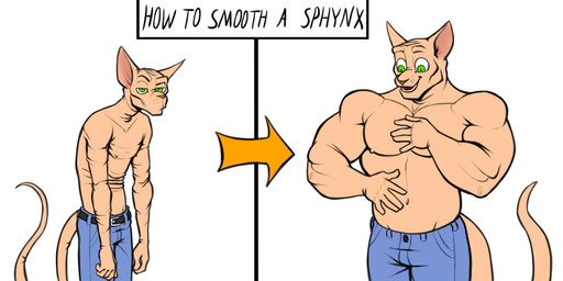 abs anthro bottomwear clothing denim denim_bottomwear denim_clothing hairless half-closed_eyes humor jeans male muscle_tone muscular muscular_anthro muscular_male narrowed_eyes open_mouth open_smile pants pecs simple_background smile solo tan_body tan_skin white_background wrinkled_skin kostos_art domestic_cat felid feline felis hairless_cat mammal sphynx_(cat) 2:1