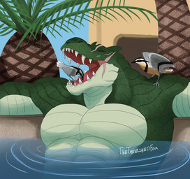 abs anthro male muscular muscular_anthro muscular_male pecs scales scar sharp_teeth teeth water thetarnishedfox talon_(lustful_desires) avian bird crocodilian reptile scalie