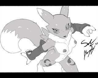 4_fingers anthro areola armwear armwear_only breasts bridal_gauntlets bridal_gauntlets_only clothing dipstick_ears dipstick_tail ear_markings eyelashes female fingers fur genitals high-angle_view leg_markings long_eyelashes looking_at_viewer markings mostly_nude multicolored_ears navel neck_tuft nipples socks_(marking) solo tail tail_markings tuft ventral_groove vulva blazeymix bandai_namco digimon canid canine digimon_(species) fox mammal renamon 2025 5:4 greyscale hi_res monochrome