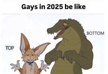 anthro big_ears confident duo facial_paint freckles hands_in_front interspecies male male/male nervous nervous_smile silly standing text ikaro requeson_(ikaro) wallace canid canine crocodilian fennec_fox fox mammal reptile scalie true_fox english_text hi_res meme