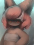 angry anthro bangs black_nose chest_wraps female female_anthro fluffy fluffy_tail fur grey_body grey_ears grey_fur grey_inner_ear grey_tail hair hand_on_hip kemono looking_at_viewer mouth_closed pupils red_eyes serious short_hair solo standing tail white_hair wraps hasukii mal_(hasukii) canid canine mammal 3:4