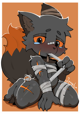 4_fingers arm_tuft bandage bandage_on_face bandage_on_nose bandaged_arm bandaged_chest bandaged_head bandaged_leg bite blush bodily_fluids cheek_tuft chest_tuft claws cute_fangs digitigrade dipstick_tail facial_tuft fangs fingers grey_body head_tuft inner_ear_fluff kneeling markings orange_sclera pupils scar shoulder_tuft simple_background solo stressed tail tail_markings tears teary_eyes teeth tuft lroach casualties:_unknown lroach_(character) arthropod blattodean cockroach expie_(gunsawian) gunsawian insect absurd_res hi_res
