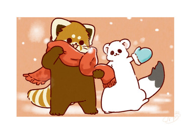 ambiguous_gender biped brown_body brown_fur chibi dot_eyes duo feral fur scarf simple_eyes snow white_body white_fur shi_nominmin ailurid mammal mustelid musteline red_panda stoat true_musteline weasel 2020 hi_res