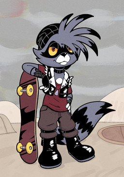 anthro armwear boots bottomwear clothing cloud cloudy_sky fingerless_gloves fishnet_armwear fishnet_clothing footwear fur gloves grey_body grey_fur grey_sky grin grinning_at_viewer handwear jacket pants red_eyes sharp_teeth shirt shoes skate_park skateboard sky smile smiling_at_viewer snaggle_tooth solo teeth topwear vehicle yellow_sclera trevor-fox mammal procyonid raccoon hi_res