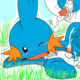 anal anal_masturbation anal_penetration blush bodily_fluids cum cum_inside cumshot ejaculation fantasizing genital_fluids genitals male masturbation open_mouth orgasm penetration penis solo tongue water unknown_artist nintendo pokemon amphibian generation_3_pokemon mudkip pokemon_(species) 1:1 aliasing digital_media_(artwork) low_res